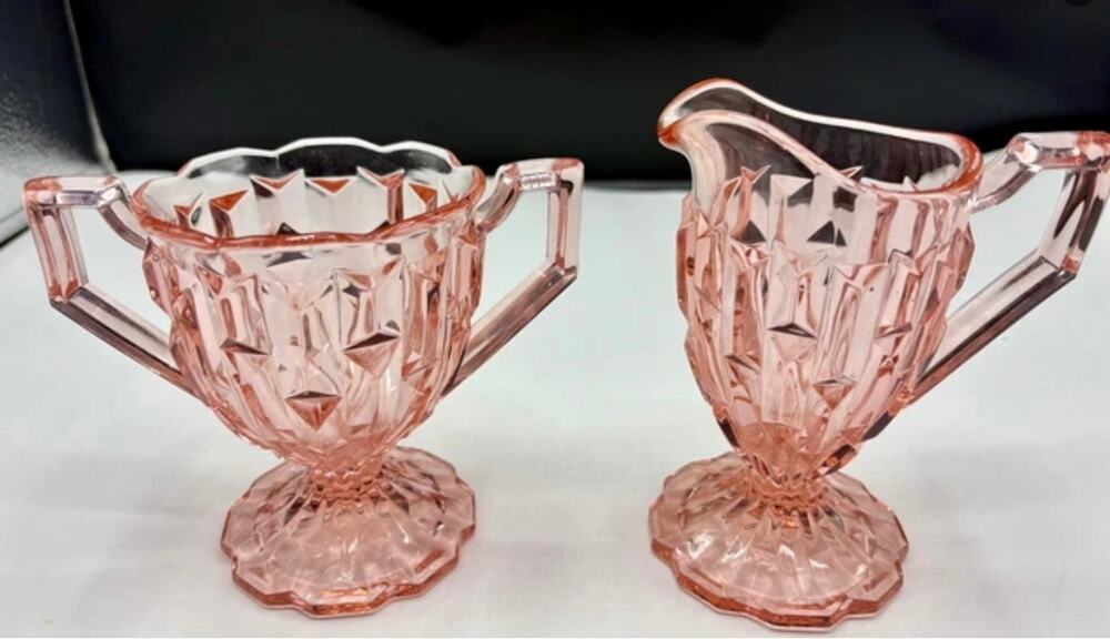 Antique Pink Central Glass Works -Frances- Open Sugar & Creamer Set From 1928